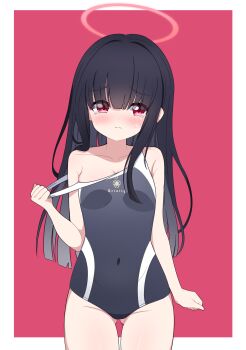 1girl absurdres black_hair black_one-piece_swimsuit blue_archive blunt_bangs blush breasts cleavage clothes_pull commentary_request competition_school_swimsuit covered_navel gluteal_fold halo highres justice_task_force_member_(blue_archive) korean_commentary loli long_hair off_shoulder one-piece_swimsuit one-piece_swimsuit_pull outside_border poorunii red_background red_eyes red_halo school_swimsuit small_breasts solo sweatdrop swimsuit tears thigh_gap thighs trinity_general_school_swimsuit two-tone_background very_long_hair