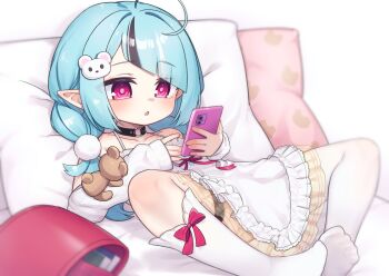 Rule 34 | 1girl, absurdres, ahoge, animal hair ornament, asymmetrical legwear, backpack, bag, black hair, blue hair, cellphone, collarbone, commentary, commission, detached sleeves, english commentary, hair ornament, highres, holding, holding phone, indie virtual youtuber, knees apart feet together, kokone (coconeeeco), long sleeves, lying, mismatched legwear, multicolored hair, no shoes, on back, open mouth, phone, pillow, pointy ears, purple eyes, randoseru, red bag, second-party source, single sock, single thighhigh, skeb commission, sleeves past wrists, smartphone, socks, solo, spread legs, streaked hair, thighhighs, unworn backpack, unworn bag, white socks, white thighhighs, zenya hima