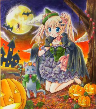 1girl absurdres artist_name bat_(animal) black_bow black_cape black_shoes blonde_hair blue_eyes blush bow bow_skirt breasts bug cape castle cat cloud commentary_request frilled_shirt frills full_moon gradient_sky green_hair green_shirt grey_cat grey_skirt hair_bow hair_ornament hair_scrunchie halloween high_heels highres jack-o&#039;-lantern kneeling layered_skirt long_hair looking_at_viewer marker_(medium) medium_breasts minami_kawa moon open_mouth original outdoors pink_bow pink_scrunchie scrunchie shirt shoes silk skirt sky smile solo spider spider_web strapless strapless_shirt traditional_media tree twintails