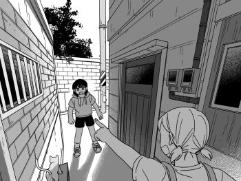 Rule 34 | 2girls, bright pupils, cat, door, greyscale, highres, hood, hood down, hoodie, looking at another, low twintails, monochrome, multiple girls, open mouth, original, outdoors, overalls, pointing, pointing at another, shirt, shoes, short hair, short sleeves, short twintails, shorts, sihyun25, sneakers, socks, standing, sweatdrop, t-shirt, twintails