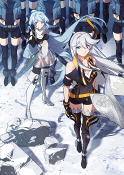 2girls adjusting_hair bad_link black_boots black_shirt black_shorts blue_eyes blue_hair boots breasts cecilia_schariac covered_navel crowd dress elbow_gloves floating_hair gloves honkai_(series) honkai_impact_3rd large_breasts long_hair medium_breasts multiple_girls navel official_art see-through_clothes see-through_dress shigure_kira shirt shorts snowing thigh_boots thighhighs white_boots white_hair
