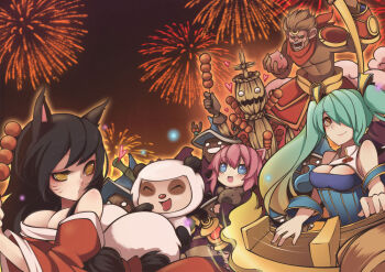 ahri_(league_of_legends) animal_ears annie_(league_of_legends) black_hair blue_eyes blue_hair breasts brown_hair cat_ears cleavage fiddlesticks fireworks food fox_ears fox_tail kaka_cheung league_of_legends long_hair multicolored_hair music panda_teemo pink_hair sona_(league_of_legends) staff tail teemo toy twintails weapon wukong_(league_of_legends) yellow_eyes