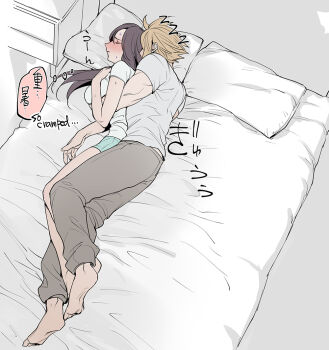 1boy 1girl aqua_shorts bare_legs barefoot bed bed_sheet black_hair blonde_hair blush breasts brown_hair brown_pants closed_eyes closed_mouth cloud_strife commentary_request couple cuddling dolphin_shorts final_fantasy final_fantasy_vii full_body hug hug_from_behind indoors large_breasts long_hair lying mugikoma on_bed on_side pants pillow short_hair short_sleeves shorts sleeping speech_bubble spiked_hair sweat tifa_lockhart translated zzz