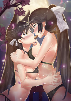 2girls animal_ears atago_(azur_lane) azur_lane bad_id bad_pixiv_id black_hair black_panties blurry blush brown_eyes club3 depth_of_field eye_contact from_side hand_on_another's_chin highres hug long_hair looking_at_another mole mole_under_eye multiple_girls nose_blush outdoors panties ponytail shared_food sparkle standing star_(sky) takao_(azur_lane) underwear underwear_only very_long_hair yuri