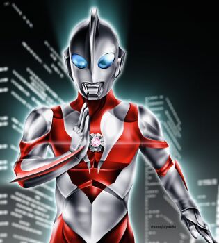 1boy alien blue_eyes blurry blurry_background building city city_lights cityscape collarbone color_timer colored_skin commentary compound_eyes dorsal_fin giant giant_male glint glowing glowing_eyes hand_up hanejidyna86 highres looking_at_viewer male_focus multicolored_skin night no_pupils outdoors pectorals red_skin silver_skin solo straight-on tokusatsu toned toned_male twitter_username two-tone_skin ultra_series ultraman:_the_ultimate_hero ultraman_powered upper_body wrist_blades