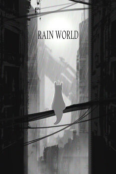 building city commentary copyright_name creature english_commentary from_behind greyscale hwadoe looking_afar monochrome no_humans outdoors rain rain_world sitting slugcat solo survivor_(rain_world) tail