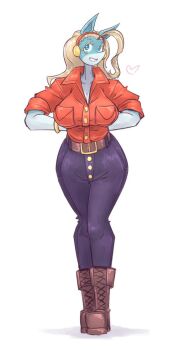 Rule 34 | 1girl, belt, blonde hair, blue eyes, blue pants, boku no hero academia, boots, breasts, brown belt, commentary, english commentary, full body, grin, highres, ippan josei, large breasts, long hair, mokkoyu, pants, red shirt, shirt, smile, solo, thigh boots
