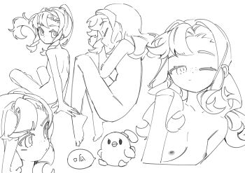 1girl absurdres bird breasts chinese_text closed_eyes commentary_request completely_nude cropped_torso curled_up duck fetal_position freckles full_body greyscale highres lineart long_hair looking_at_viewer lying matilda_bouanich monochrome multiple_views nipples nude on_side one_eye_closed ponytail reverse:1999 sanjuqing'an sitting small_breasts speech_bubble upper_body v-shaped_eyebrows white_background