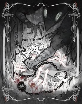 Rule 34 | 1boy, 1girl, barefoot, beak, bird boy, black feathers, black lips, blood, blood splatter, breasts, chain, closed eyes, closed mouth, commentary, cuffs, curtained hair, dagger, deanne go, disembodied arm, dress, english commentary, feathers, grass, greyscale, hair spread out, hand on another's arm, highres, holding, holding knife, knife, leaf, long dress, long hair, lying, medium breasts, monochrome, off-shoulder dress, off shoulder, princess, princess (slay the princess), shackles, signature, size difference, slay the princess, smile, spot color, squiggle eyes, surrounded by hands, talons, the hero (slay the princess), the shifting mound (slay the princess), thorns, tiara, toes, weapon, white eyes
