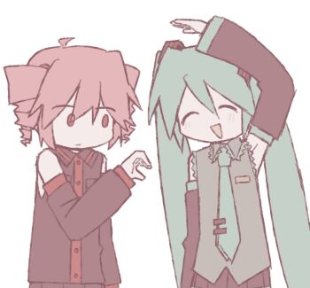 2girls arm_up closed_eyes collared_shirt commentary detached_sleeves drill_hair green_hair hair_ornament hatsune_miku heart_hands_failure kasane_teto kasane_teto_(utau) long_hair long_sleeves looking_at_another looking_to_the_side meltypen multiple_girls necktie open_mouth pink_eyes pink_hair pleated_skirt shirt skirt sleeveless sleeveless_shirt smile tie_clip twin_drills twintails utau very_long_hair vocaloid