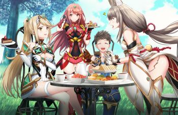 1boy 3girls :d ^^^ ^_^ alternate_hair_length alternate_hairstyle animal_ears arm_guards arm_strap bare_legs bare_shoulders black_gloves blonde_hair blunt_bangs blush bracelet breasts brown_gloves brown_hair cake cake_slice cat_ears chair cleavage cleavage_cutout closed_eyes closed_mouth clothing_cutout cloud cloudy_sky coffee coffee_mug coffee_pot covered_navel crossed_legs cup day detached_sleeves dress earrings elbow_gloves feet_out_of_frame fingerless_gloves food fork fruit gem gloves gluteal_fold grass hair_ribbon harem headpiece high_ponytail holding holding_plate husband_and_wives impossible_clothes jewelry large_breasts leaning_forward leotard light_brown_hair long_hair long_sleeves looking_at_another low-tied_long_hair low_twintails mug multiple_girls mythra_(xenoblade) nia_(blade)_(xenoblade) nia_(xenoblade) nintendo on_chair open_mouth outdoors plate ponytail profile pyra_(xenoblade) red_eyes red_hair red_legwear red_ribbon red_shorts revision rex_(xenoblade) ribbon rods sandwich shiny_skin short_dress short_shorts shorts shoulder_pads sidelocks sitting sky smile smug spoilers standing surprised swept_bangs thigh_strap thighhighs thighs tree twintails uniform v-shaped_eyebrows very_long_hair white_dress white_gloves white_leotard wide_sleeves xenoblade_chronicles_(series) xenoblade_chronicles_2 yellow_eyes
