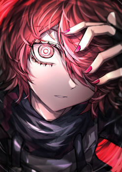 1girl 33_gaff arknights arm_up black_jacket black_scarf commentary exusiai_(arknights) fingernails hair_over_one_eye hand_on_own_face jacket nail_polish one_eye_covered parted_lips red_eyes red_hair red_nails red_theme scarf short_hair solo upper_body