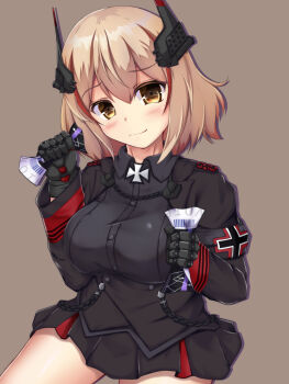1girl armband azur_lane bai_da black_armband black_jacket black_skirt breasts brown_background collared_shirt commentary_request hair_between_eyes headgear highres holding holding_ticket jacket large_breasts long_sleeves looking_at_viewer mechanical_hands miniskirt multicolored_hair pleated_skirt red_streaks roon_(azur_lane) shirt simple_background skirt solo streaked_hair ticket two-tone_hair variant_set yellow_eyes