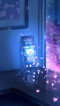 Rule 34 | absurdres, blue sky, cable, cellphone, cherry blossoms, commentary request, corner, fantasy, highres, indoors, iphone, night, no humans, original, painting (object), phone, picture frame, reflection, scenery, sky, smartphone, smile (qd4nsvik), star (sky), starry sky, timestamp, tree, window