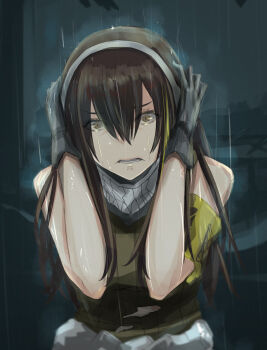 1girl armband asakiri_koko bandana bandana_around_neck black_bandana brown_hair commentary_request covering_own_ears crying despair double-parted_bangs girls'_frontline gloves green_armband green_eyes green_sweater grey_gloves hair_between_eyes hairband highres long_hair long_sidelocks m4a1_(girls'_frontline) multicolored_hair parted_lips rain sidelocks skull_print sleeveless sleeveless_sweater solo streaked_hair sweater tears teeth upper_body wide-eyed yellow_eyes