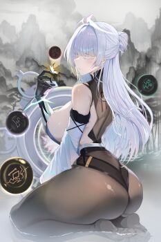 1girl absurdres ass breasts brown_pantyhose colored_eyelashes commentary_request from_behind full_body goddess_of_victory:_nikke grey_hair highres k.dogo korean_commentary long_hair mechanical_arms mechanical_hands nayuta_(nikke) pantyhose solo thick_eyelashes white_eyelashes