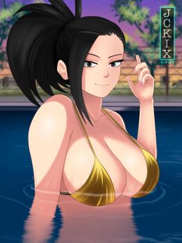 1girl 2024 bare_shoulders bikini black_eyes black_hair boku_no_hero_academia breasts closed_mouth collarbone dated female_focus gold_bikini highres jckix large_breasts long_hair matching_hair/eyes ponytail smile solo swimsuit yaoyorozu_momo yellow_bikini