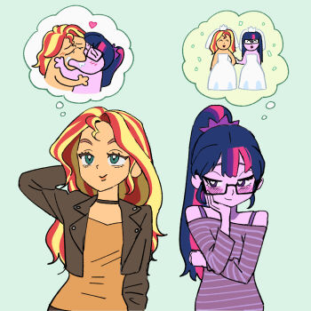 2girls alternate_hairstyle animification aqua_eyes arm_behind_head blonde_hair blush brown_choker brown_jacket choker colored_skin commentary dress glasses green_background hand_on_own_face hashtag-only_commentary heart heart-shaped_pupils high_ponytail highres jacket leather leather_jacket long_hair long_sleeves meme multicolored_hair multiple_girls my_little_pony my_little_pony:_equestria_girls my_little_pony:_friendship_is_magic off-shoulder_shirt off_shoulder open_clothes open_jacket orange_shirt orange_skin personification ponytail purple_eyes purple_hair purple_shirt purple_skin red_hair ridumax sci-twi shirt simple_background smile speech_bubble streaked_hair striped_clothes striped_shirt sunset_shimmer sunset_shimmer_(human) symbol-shaped_pupils thought_bubble twilight_sparkle two-tone_hair upper_body wedding wedding_dress yoshi_and_toad_kissing_(meme) yuri