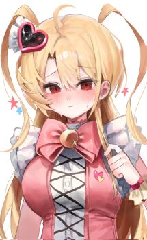 Rule 34 | 1girl, ahoge, blonde hair, blush, bow, bowtie, breasts, commentary, cosplay, don quixote (project moon), dress, frilled dress, frills, hair ornament, heart, heart hair ornament, highres, limbus company, long hair, medium breasts, pink bow, pink bowtie, pink dress, project moon, queen of hatred, queen of hatred (cosplay), red eyes, sancho (project moon), simple background, solo, sweatdrop, untranslatable commentary, two side up, upper body, white background, yuchan 00001