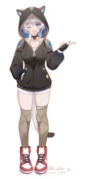 1girl absurdres adapted_costume animal_ear_fluff animal_ears black_choker black_gloves black_hoodie blue_eyes breasts brown_thighhighs cat_ears cat_girl cat_tail choker cipher_(honkai:_star_rail) cleavage commentary ears_through_hood english_commentary fingerless_gloves fingernails full_body gloves grey_hair hand_in_pocket highres honkai:_star_rail honkai_(series) hood hoodie ken-pai_(kenpai_arts) large_breasts long_fingernails long_sleeves looking_at_viewer mole one_eye_closed open_mouth shirt shoes short_hair_with_long_locks shorts signature simple_background sneakers solo tail thighhighs twitter_username white_background white_shirt white_shorts