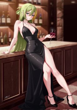 Rule 34 | 1girl, 2 ru, alcohol, alina gray, alternate costume, arm support, bar (place), black dress, black shoes, blurry, blurry background, blush, bracelet, breasts, breasts apart, closed mouth, commentary, commentary request, covered navel, cup, depth of field, double-parted bangs, dress, drinking glass, evening gown, film grain, folded ponytail, full body, glint, green eyes, green hair, hair between eyes, half updo, high heels, highres, holding, holding cup, indoors, jewelry, leaning back, leaning on object, legs, long bangs, long dress, long hair, looking at viewer, magia record: mahou shoujo madoka magica gaiden, mahou shoujo madoka magica, medium breasts, necklace, shoes, side slit, signature, sleeveless, sleeveless dress, solo, standing, straight hair, taut clothes, taut dress, wine, wine glass