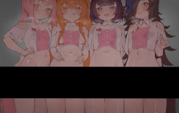 4girls animal_ears bare_shoulders black_hair black_tail blank_censor blush brown_hair brown_tail censored closed_mouth clothing_cutout crop_top ear_covers ear_ornament hair_between_eyes hair_over_one_eye haru_urara_(umamusume) heart horse_ears horse_girl horse_tail loli looking_at_viewer mayano_top_gun_(umamusume) multiple_girls navel nishino_flower_(umamusume) official_alternate_costume open_mouth orange_eyes orange_hair orange_tail pink_eyes pink_hair purple_eyes rice_shower_(umamusume) short_hair shoulder_cutout simple_background sketch skirt smile stomach tail tongue tongue_out two_side_up umamusume v-shaped_eyebrows white_background white_skirt xaea_xp