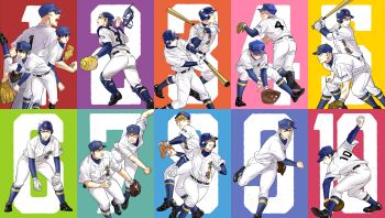 6+boys absurdres ace_of_diamond aqua_background arm_up asou_takeru ass bald ball baseball baseball_(object) baseball_bat baseball_cap baseball_glove baseball_helmet baseball_uniform belt black_belt black_hair black_shoes blonde_hair blue_background blue_socks brothers brown_hair catcher's_mask catcher_(baseball) chest_protector chinese_commentary closed_mouth commentary_request compression_shirt facial_hair feet_out_of_frame flying_sweatdrops foot_out_of_frame from_behind full_body furuya_satoru gloves goatee_stubble goggles green_background grin hair_between_eyes hat heise_wanbaolu helmet highres holding holding_ball holding_baseball_bat isashiki_jun kawakami_norifumi kominato_haruichi kominato_ryousuke kuramochi_youichi layered_sleeves long_sleeves looking_ahead looking_at_viewer looking_up maezono_kenta male_focus mask miyuki_kazuya multiple_boys multiple_views narumiya_mei number_background number_print open_mouth orange_background pants pink_background pink_hair pitching purple_background red_background running sakai_ichirou sawamura_eijun shin_guards shirasu_kenjirou shirt shirt_tucked_in shirt_under_shirt shoes short_hair short_over_long_sleeves short_sleeves siblings sideburns simple_background smile socks socks_over_pants sportswear standing standing_on_one_leg stubble sweat swinging_baseball_bat tanba_kouichirou teeth toujou_hideaki unworn_mask white_gloves white_pants white_shirt yellow_background