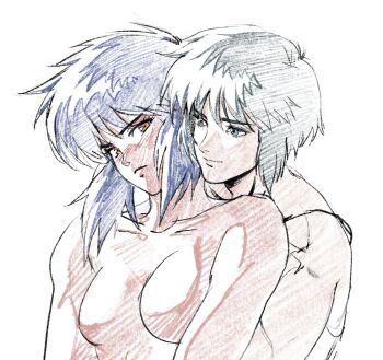 2girls aizheajsee black_hair blonde_hair blue_eyes breasts dual_persona ghost_in_the_shell highres hugging_object kusanagi_motoko looking_at_another medium_breasts multiple_girls red_eyes selfcest short_hair simple_background smile white_background yuri