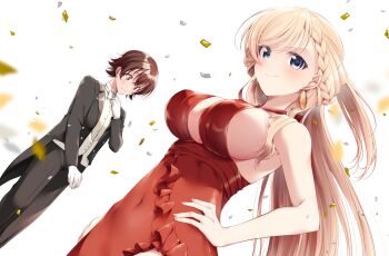 1boy 1girl araragi_ayune bare_arms bare_shoulders black_jacket black_pants black_tailcoat blonde_hair blue_eyes braid breasts brown_eyes brown_hair closed_mouth commentary_request confetti covered_navel dress earrings gloves hand_on_own_hip isshiki-san_wa_koi_wo_shiritai. jacket jewelry large_breasts long_hair meishi_leland open_clothes open_jacket pants red_dress rinna_milford shirt short_hair sideboob simple_background smile solo_focus swept_bangs tailcoat white_background white_gloves white_shirt