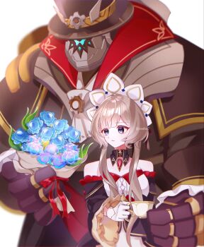 1girl bare_shoulders black_collar black_sleeves blue_eyes bonnet bouquet brown_hair collar commentary_request cup detached_collar detached_sleeves dress drinking_glass flower gem genshin_impact gloves hat highres holding holding_bouquet holding_cup lakelight_lily_(genshin_impact) long_sleeves lumidouce_bell_(genshin_impact) parted_lips pulonia_(genshin_impact) red_gem red_ribbon ribbon robot romaritime_flower sandrone_(genshin_impact) short_hair_with_long_locks sssshn7 strapless strapless_dress teacup top_hat twitter_username white_background white_gloves wide_sleeves