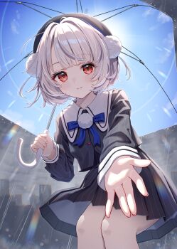 1girl beret black_hat black_jacket black_skirt blunt_bangs cloud cloudy_sky commentary_request grey_hair hair_ornament hat highres holding holding_umbrella jacket light_smile long_sleeves looking_at_viewer outdoors pinstripe_jacket pinstripe_pattern pinstripe_skirt pleated_skirt pom_pom_(clothes) pom_pom_brooch pom_pom_hair_ornament rain reaching reaching_towards_viewer red_eyes short_hair skirt sky sleeve_cuffs solo toki_(toki_ship8) ui_(voisona) umbrella voisona