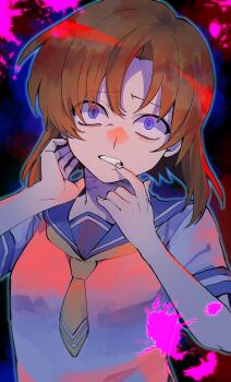 1girl blood blood_splatter blue_eyes blue_sailor_collar clenched_teeth crazy crazy_eyes furrowed_brow highres higurashi_no_naku_koro_ni looking_at_viewer neckerchief nishino_(fetv8484) nose open_mouth orange_hair parted_bangs pink_blood portrait raised_eyebrows ryuuguu_rena sailor_collar sanpaku scared school_uniform scratching scratching_neck serafuku short_hair short_sleeves solo summer_uniform tareme teeth white_serafuku wide-eyed yellow_neckerchief