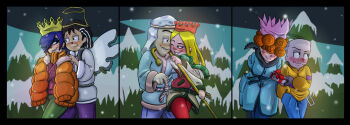 3boys 3girls absurdres blonde_hair blue_hair cartoon_network christmas couple ed_(ed_edd_n_eddy) ed_edd_n_eddy edd_(ed_edd_n_eddy) eddy_(ed_edd_n_eddy) gift highres kenbr_arts lee_kanker marie_kanker may_kanker multiple_boys multiple_girls orange_hair smile snow winter_clothes