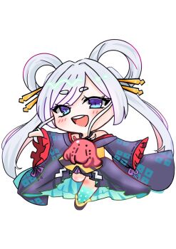 Rule 34 | 1girl, 6killing me919, :d, blue socks, cho kaguya-hime!, colored inner hair, deformed, gradient eyes, hair ornament, hair rings, hair stick, highres, japanese clothes, kimono, multicolored eyes, multicolored hair, open mouth, pasties, purple kimono, runami yachiyo, smile, socks, solo, standing, standing on one leg, translated, transparent background, twintails, white hair, wide sleeves