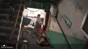 1boy 2girls 2others aiming_at_another air_conditioner aqua_gloves artist_name blood blue_gloves blue_suspenders brown_hair brown_shoes cable commentary corpse covering_own_mouth day doorway english_commentary expressionless gloves gun handgun highres holding holding_gun holding_weapon long_hair lying mary_janes multiple_girls multiple_others murder original pink_skirt railing reisen13 scared shirt shoes short_sleeves sitting sitting_on_stairs skirt sneakers socks stairs standing suppressor weapon white_shirt white_socks