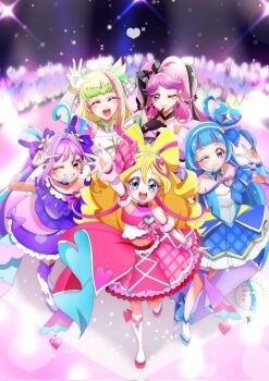 5girls aokaze_nana arched_bangs arm_up blue_dress blue_eyes blue_hair closed_eyes closed_mouth commentary_request cure_idol cure_idol_(idol_heart_ribbon_style) cure_kiss cure_kyunkyun cure_wink cure_zukyuun double-parted_bangs dress finger_gun green_eyes green_hair grin hair_between_eyes highres idol_heart_brooch_(precure) kimi_to_idol_precure light_blush looking_at_viewer meroron_(precure) momotarouooi multiple_girls one_eye_closed open_mouth parted_bangs pink_dress pink_hair precure purirun_(precure) purple_dress purple_eyes purple_hair reaching reaching_towards_viewer sakura_uta_(precure) shigure_kokoro sidelocks smile tanaka_meron tanaka_purin teeth twintails upper_teeth_only white_dress yellow_eyes