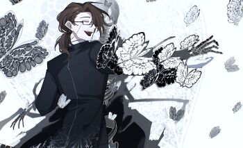 1boy :d absurdres alternate_costume arm_up asymmetrical_bangs back beard_stubble black-framed_eyewear black-framed_glasses black_butterfly black_coat black_pants black_suit brown_hair bug butterfly butterfly_background closed_eyes coat collared_shirt cowboy_shot dancing e.g.o_(project_moon) facial_hair flower formal_clothes from_behind glasses gloves gregor_(project_moon) hair_over_one_eye hand_up happy highres insect jacket jewelry limbus_company long_hair long_sleeves low_ponytail male_focus official_alternate_costume one_eye_covered open_hand open_mouth outstretched_arm outstretched_hand pants photoshop_(medium) ponytail project_moon reaching reaching_towards_viewer semi-rimless_eyewear shirt simple_background skeleton smile solemn_lament_(e.g.o) solo standing static stubble suit suit_jacket teeth too_many too_many_butterflies tuxedo upper_body upper_teeth_only white_background white_butterfly white_flower white_gloves white_shirt yasuihiruya