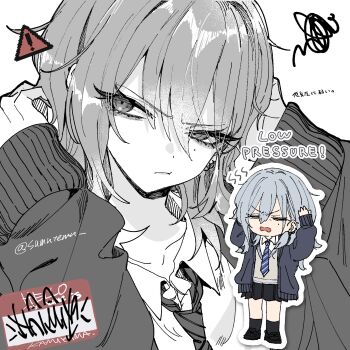 1girl closed_mouth commentary deformed diagonal-striped_clothes diagonal-striped_necktie double-parted_bangs haimiya_mio_(kamiyama_sumu) hair_between_eyes hands_on_own_head highres jacket kamiyama_sumu long_hair long_sleeves looking_at_viewer mole mole_under_eye multiple_views necktie original partially_colored serious shirt sign simple_background speech_bubble squiggle striped_clothes symbol-only_commentary talking warning_sign white_background