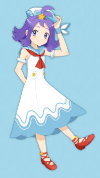 Rule 34 | 1girl, absurdres, acerola (pokemon), acerola (summer 2024) (pokemon), arm behind back, armlet, closed mouth, commentary request, dress, flipped hair, full body, hair ornament, hairclip, hand on headwear, hat, highres, jewelry, koroni (nkrgs), looking at viewer, nintendo, official alternate costume, pokemon, pokemon masters ex, purple hair, red shoes, shoes, simple background, sleeveless, sleeveless dress, smile, solo, topknot, white dress, wristband