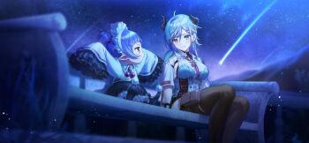 Rule 34 | 2girls, absurdres, ahoge, atelier (series), atelier resleriana, atelier totori, bench, black skirt, blue eyes, breasts, chim (atelier), closed mouth, collared shirt, demon horns, frilled sleeves, frills, game cg, hair between eyes, highres, horns, long hair, long sleeves, looking at another, maid headdress, medium breasts, multiple girls, night, non-web source, official art, on bench, outdoors, pointy ears, profile, shirt, shooting star, sideboob, sitting, skirt, sky, sleeves past fingers, sleeves past wrists, smile, star (sky), starry sky, twintails, valeria (atelier), white shirt