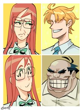 1girl 2boys absurdres annoyed balding blonde_hair blush bow bowtie drakeposting_(meme) female_pervert gerph glasses heart highres makeup meme mole mole_under_mouth multiple_boys orange_hair original pervert shine smile soredemo_tsuma_o_aishiteru takabe_torao ugly_bastard