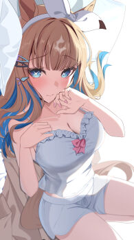 +_+ 1girl absurdres almond_eye_(umamusume) alternate_costume animal_ears blue_eyes blue_hair blush bow_hairband breasts brown_hair camisole cleavage closed_mouth colored_inner_hair cross-shaped_pupils frilled_camisole frills hair_ornament hairband hairclip highres horse_ears horse_girl horse_tail large_breasts long_hair looking_at_viewer midriff_peek multicolored_hair short_shorts shorts solo symbol-shaped_pupils tail thighs too_many_hair_ornaments umamusume vami white_camisole white_hairband white_shorts x-shaped_pupils