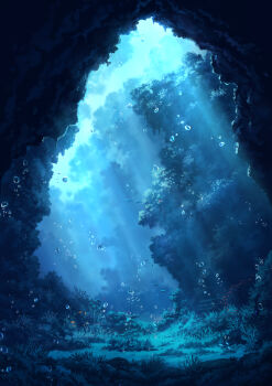 Rule 34 | absurdres, air bubble, bubble, cave, dark, fish, highres, nature, no humans, ocean, original, pei (sumurai), plant, scenery, shadow, sunlight, underwater, water