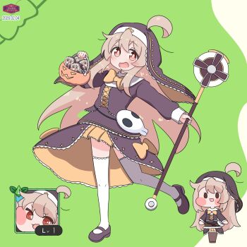 Rule 34 | 5girls, ahoge, azumo momo, brown eyes, chibi, commentary request, cosplay, highres, holding, holding staff, jack-o'-lantern, long hair, look-alike, meme, mini person, minigirl, multiple girls, onii-chan wa oshimai!, oyama mahiro, simple background, skull ornament, speaki (trickcal), speaki (trickcal) (cosplay), speakiposting (meme), staff, thighhighs, trickcal, white thighhighs