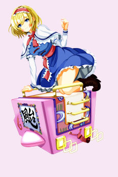 1girl absurdres alice_margatroid bare_legs blonde_hair blue_dress blue_eyes blush book boots bow breasts brown_boots capelet closed_mouth collarbone commentary dress eyebrows_hidden_by_hair floating frilled_hairband frills full_body hair_between_eyes hair_bow hairband highres kirby_(series) kirby_air_ride kirby_air_riders legs_together lolita_hairband long_hair long_sleeves looking_at_viewer medium_breasts nintendo pantyhose pink_dress red_bow red_hairband red_sash riding sash short_hair short_sleeves simple_background smile tokonote touhou white_background white_capelet