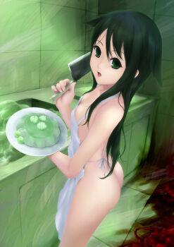 1girl apron ass bad_food breasts butt_crack cait_aron cleavage cooking female_focus food gelatin green_eyes green_hair highres kitchen_knife knife loli long_hair matching_hair/eyes naked_apron open_mouth saya_(saya_no_uta) saya_no_uta small_breasts solo tentacles