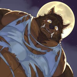 Rule 34 | 1boy, bara, brown fur, chest tuft, fangs, foreshortening, from below, full moon, furrowed brow, furry, furry male, highres, large pectorals, looking at viewer, looking down, male focus, meme, moon, muscle growth, muscular, muscular male, nervous sweating, nipple slip, nipples, original, pectoral cleavage, pectoral focus, pectorals, photo-referenced, shirt, short hair, sidepec, solo, sweat, tank top, thick eyebrows, torn clothes, torn shirt, tusks, upper body, wet ghost, yur oc like this (meme)