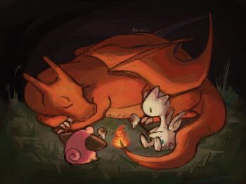 Rule 34 | charizard, claws, cleffa, closed eyes, closed mouth, dietranch, dragon, fire, flame-tipped tail, food, gen 1 pokemon, gen 2 pokemon, highres, marshmallow, night, nintendo, no humans, pokemon, pokemon (creature), pokemon focus, roasting, sleeping, tail, togetic, wings