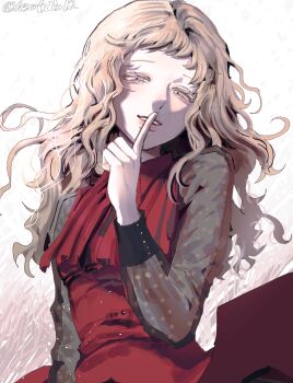 1girl brown_hair dress eyelashes gnosia grey_eyes hair_between_eyes highres kukrushka_(gnosia) leotab12 long_hair long_sleeves looking_at_viewer simple_background smile solo upper_body wavy_hair