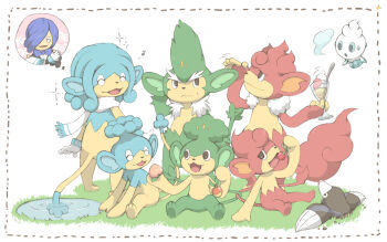 1boy berry_(pokemon) black_eyes blue_hair cheri_berry cress_(pokemon) drilbur evolutionary_line gen_5_pokemon gloves grass green_hair holding leppa_berry monkey nintendo open_mouth panpour pansage pansear pecha_berry pokemon pokemon_(creature) pokemon_bw red_hair scarf simipour simisage simisear sitting smile spoon vanillite water whipped_cream